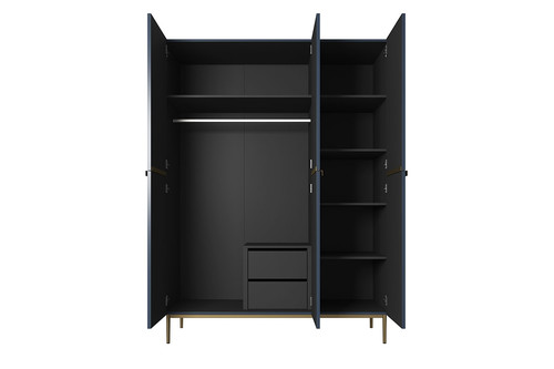 Wardrobe Nicole with Drawer Unit 150 cm, dark blue, gold handles and legs