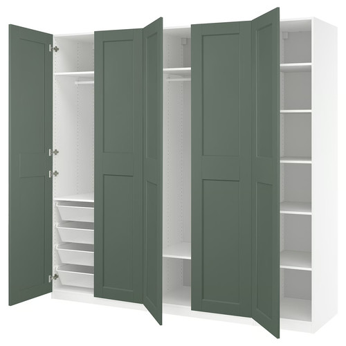PAX / GRIMO Wardrobe combination, white/grey-green, 250x60x236 cm