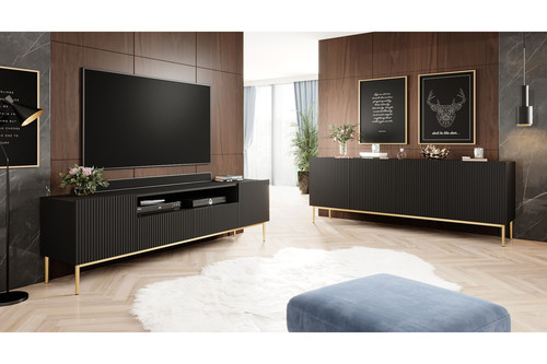 TV Cabinet Nicole 200cm, matt black, gold legs