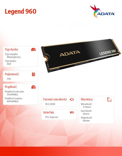 Adata SSD LEGEND 960 1TB PCIe 4x4 7.4/6 GB/s M2