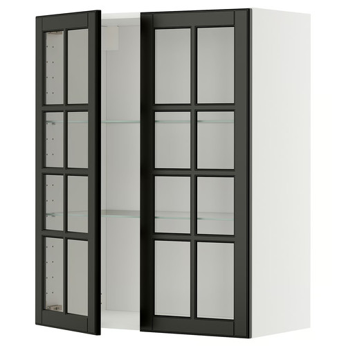 METOD Wall cabinet w shelves/2 glass drs, white/Bodbyn black, 80x100 cm
