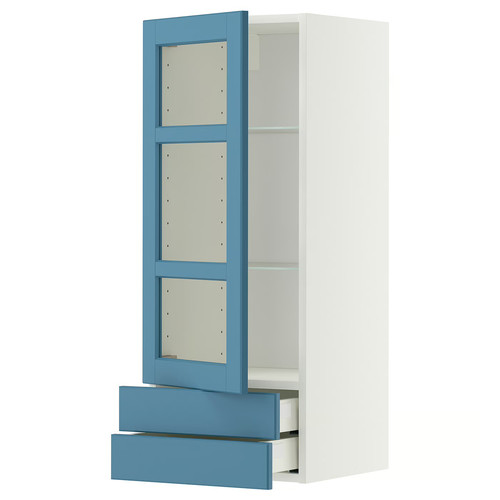 METOD / MAXIMERA Wall cabinet w glass door/2 drawers, white/Lerhyttan blue, 40x100 cm
