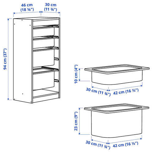 TROFAST Storage combination with boxes, white/white grey, 46x30x94 cm