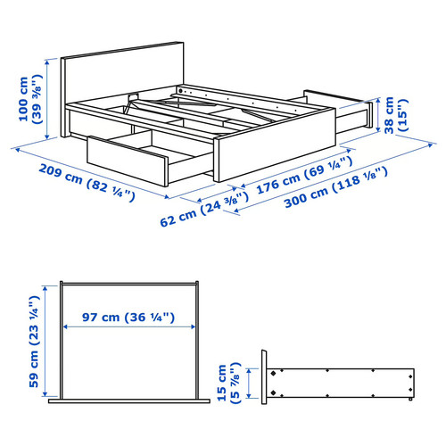 MALM Bed frame, high, w 4 storage boxes, white, Luröy, 160x200 cm