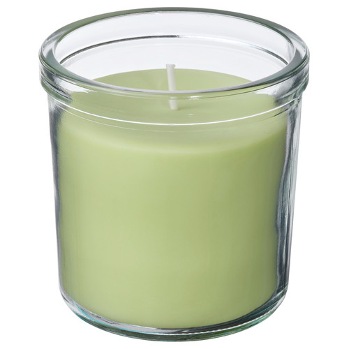 LÖVSKOGSLUND Scented candle in glass, Apple/light green, 40 hr