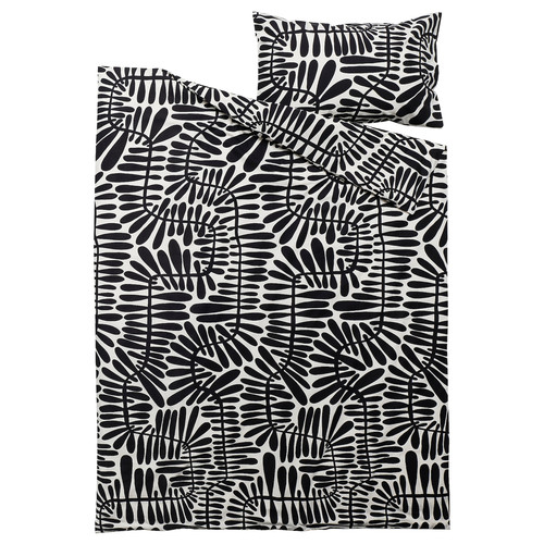 MAJSMOTT Duvet cover and pillowcase, off-white/black, 150x200/50x60 cm