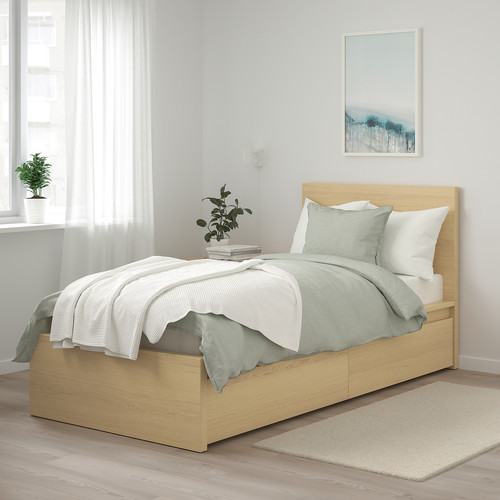 MALM Bed frame, high, with 2 storage boxes, white stained oak effect, 90x200 cm