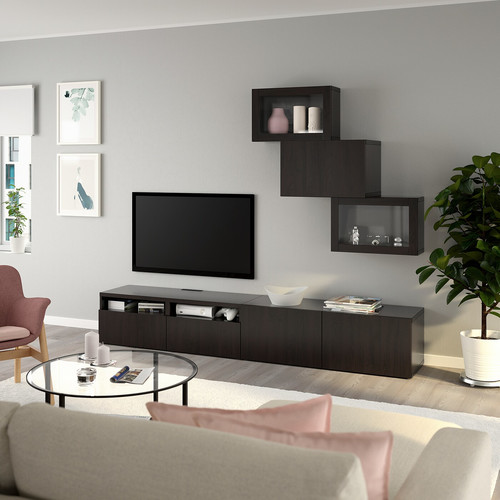 BESTÅ TV storage combination/glass doors, black-brown/Lappviken black-brown clear glass, 240x42x190 cm