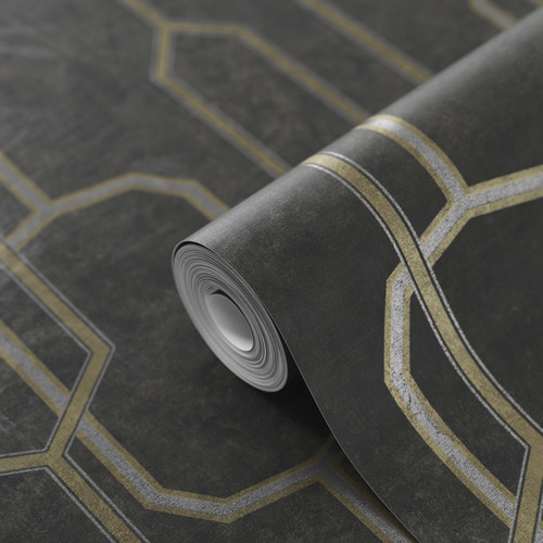 GoodHome Vinyl Wallpaper on Fleece Leucie, black/gold