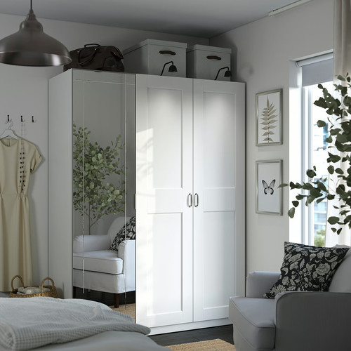 PAX / KAMMARTORP/GRIMO Wardrobe combination, white mirror glass/grey white, 150x60x201 cm