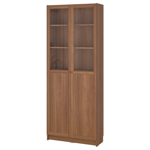 BILLY / OXBERG Bookcase with panel/glass doors, brown walnut effect, 80x30x202 cm