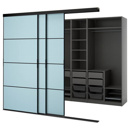 PAX/SKYTTA Walk-in wardrobe with sliding doors, black dark grey/Mehamn light blue, 276x160x240 cm