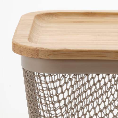 IKEA 365+ Food storage basket with lid, square metal/light grey-brown bamboo, 15x15x11 cm