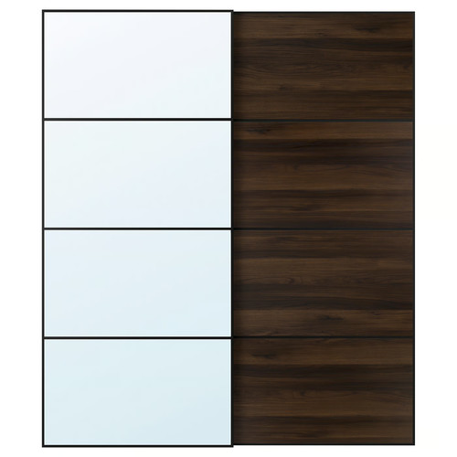 AULI / MEHAMN Pair of sliding doors, black mirror glass/double sided dark brown oak effect, 200x236 cm