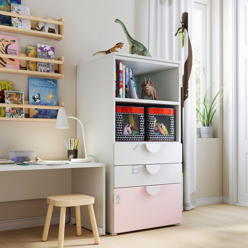 SMÅSTAD / PLATSA Bookcase, white pale pink, with 3 drawers, 60x55x123 cm