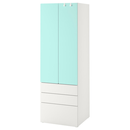 SMÅSTAD / PLATSA Wardrobe, white pale turquoise/with 3 drawers, 60x42x181 cm