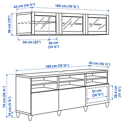BESTÅ TV storage combination/glass doors, white/Smeviken/Kabbarp white clear glass, 180x42x192 cm