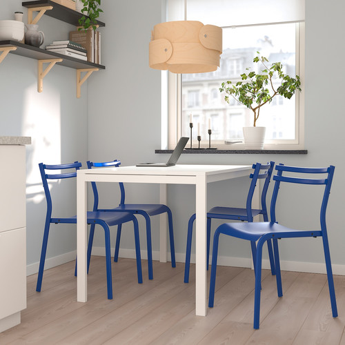 MELLTORP / GENESÖN Table and 4 chairs, white white/metal blue, 125 cm