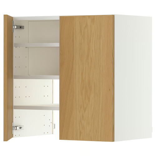 METOD Wall cb f extr hood w shlf/door, white/Sinarp oak veneer, 60x60 cm