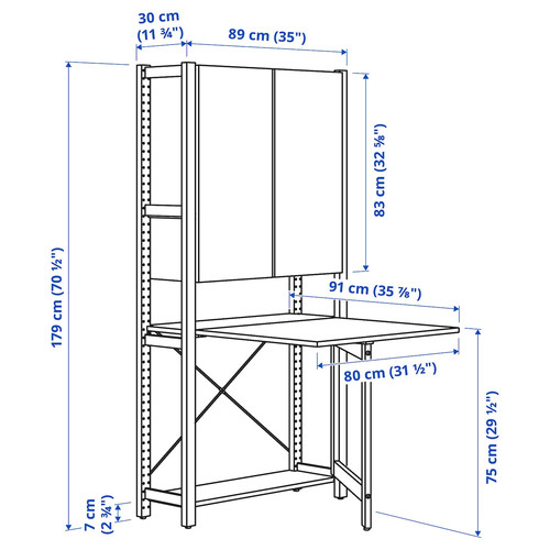 IVAR 1 sec/storage unit w foldable table, pine, 89x30x179 cm