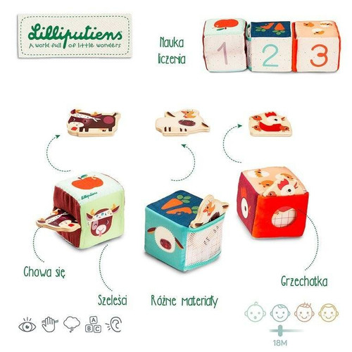 LILLIPUTIENS Set of 3 multi-functional activation cubes with hidden elements Farm 18m+