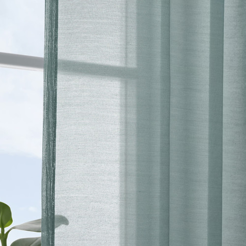 STENFRÖ Sheer curtains, 1 pair, turquoise/with heading tape, 145x300 cm