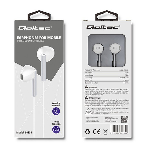 Qoltec In-ear Earphones with Microphone, white