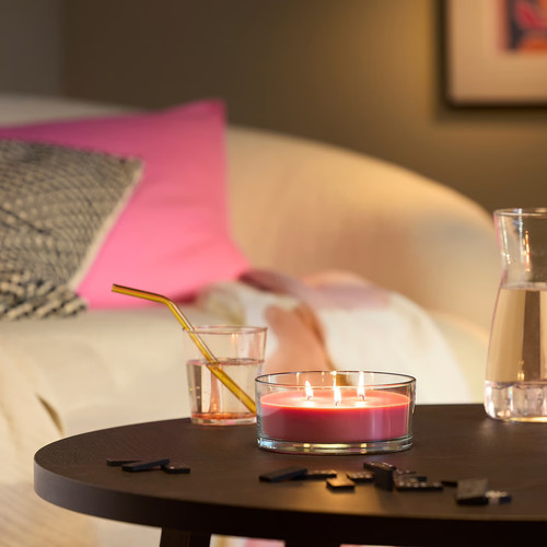 LOTSFÅGEL Scented candle in glass, 3 wicks, Watermelon bright pink, 25 hr