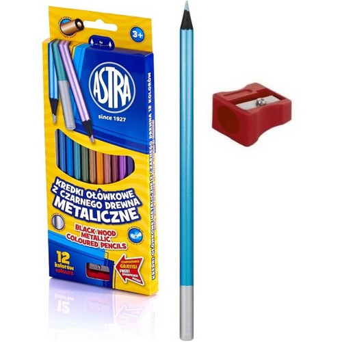Astra Black Wood Coloured Pencils in 12 Metallc Colours + Sharpener