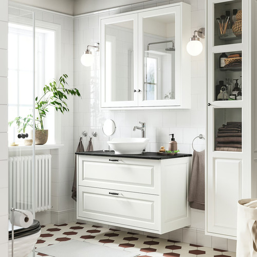 TÄNNFORSEN/VÄSTERSJÖN Wash-stnd w drawers/wash-basin/tap, white/black marble effect, 102x49x79 cm