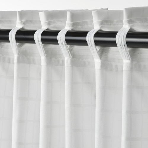 MÄSTERROT Curtains, 1 pair, white white/grid with heading tape, 145x300 cm