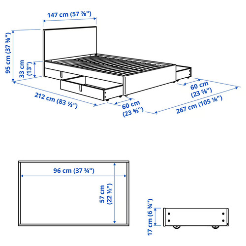 GLADSTAD Upholstered bed, 4 storage boxes, Kabusa light grey, 140x200 cm