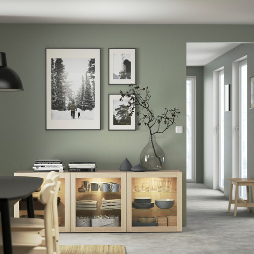BESTÅ Storage combination with doors, white stained oak effect, Sindvik white stained oak eff clear glass, 180x42x65 cm