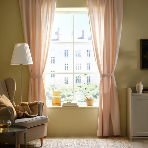 LENDA Curtains with tie-backs, 1 pair, light pink/with heading tape, 140x300 cm