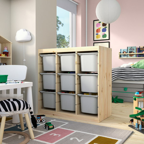 TROFAST Storage combination with boxes, room divider/light white stained pine grey, 93x44x91 cm