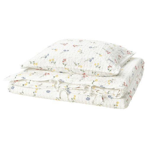 PILDVÄRGMAL Duvet cover and pillowcase, white/floral pattern, 150x200/50x60 cm