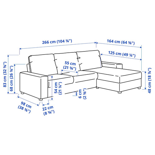 VIMLE 3-seat sofa with chaise longue, with wide armrests Saxemara/black-blue