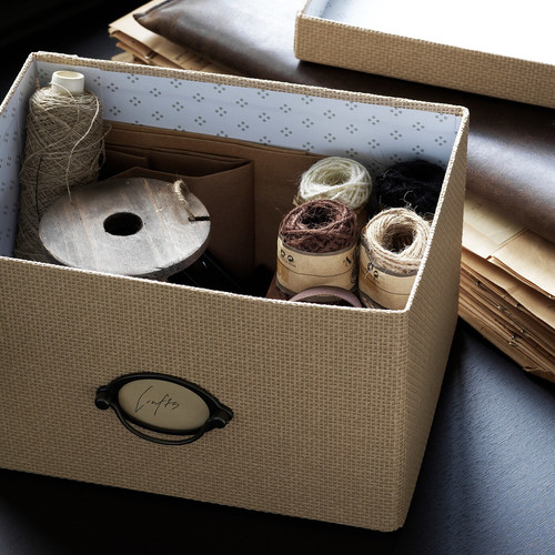 KVARNVIK Storage box with lid, beige, 18x25x15 cm