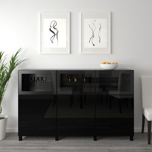 BESTÅ Storage combination with doors, black-brown, Selsviken high-gloss/black, clear glass, 180x40x112 cm
