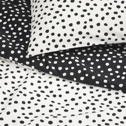 BJÖRKGRÅMAL Duvet cover and 2 pillowcases, black white/dotted, 200x200/50x60 cm