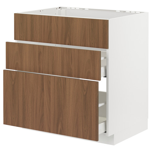 METOD / MAXIMERA Base cab f hob/int extractor w drw, white/Tistorp brown walnut effect, 80x60 cm