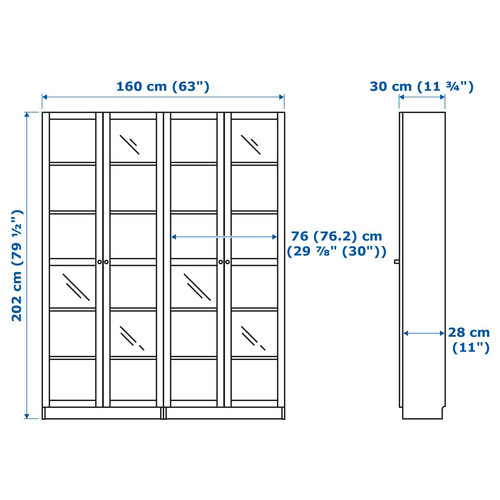 BILLY / OXBERG Bookcase, white, glass, 160x30x202 cm