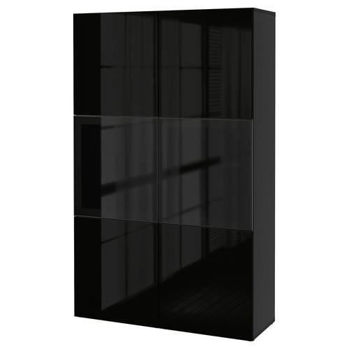 BESTÅ Storage combination w/glass doors, black-brown, Selsviken high-gloss/black, dimmed glass, 120x40x192 cm