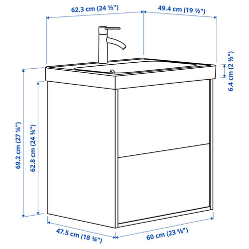 ÄNGSJÖN / ORRSJÖN Wash-stnd w drawers/wash-basin/tap, high-gloss white, 62x49x69 cm