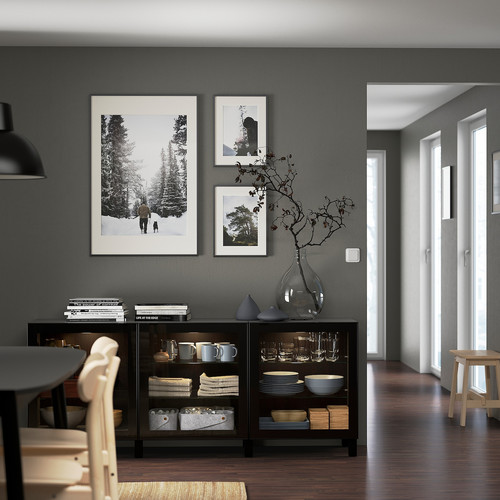 BESTÅ Storage combination with doors, black-brown, Glassvik black, clear glass, 180x40x74 cm