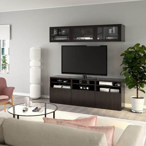 BESTÅ TV storage combination/glass doors, black-brown/Lappviken black-brown clear glass, 180x42x192 cm