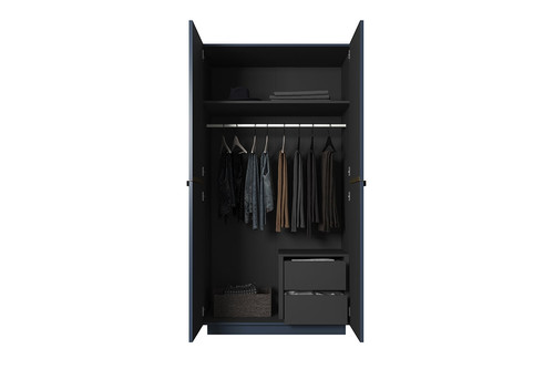 Wardrobe Nicole with Drawer Unit 100 cm, dark blue, gold handles