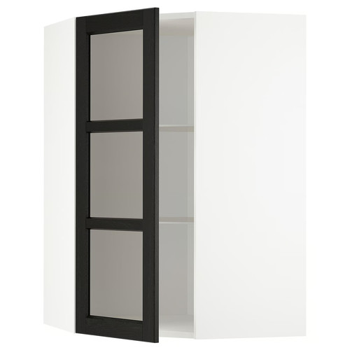 METOD Corner wall cab w shelves/glass dr, white/Lerhyttan black stained, 68x100 cm