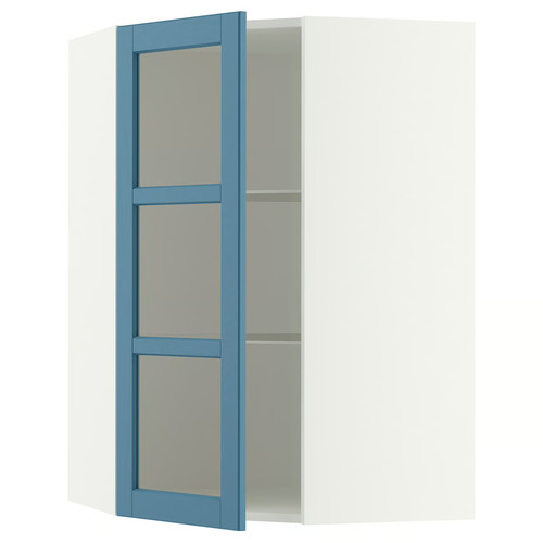 METOD Corner wall cab w shelves/glass dr, white/Lerhyttan blue, 68x100 cm