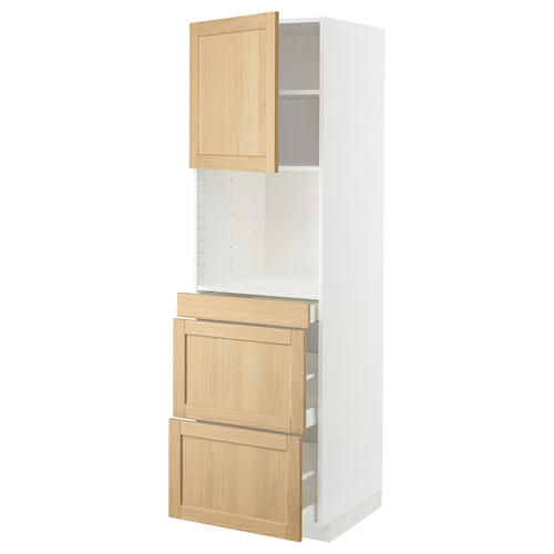 METOD / MAXIMERA Hi cab f micro combi w door/3 drwrs, white/Forsbacka oak, 60x60x200 cm
